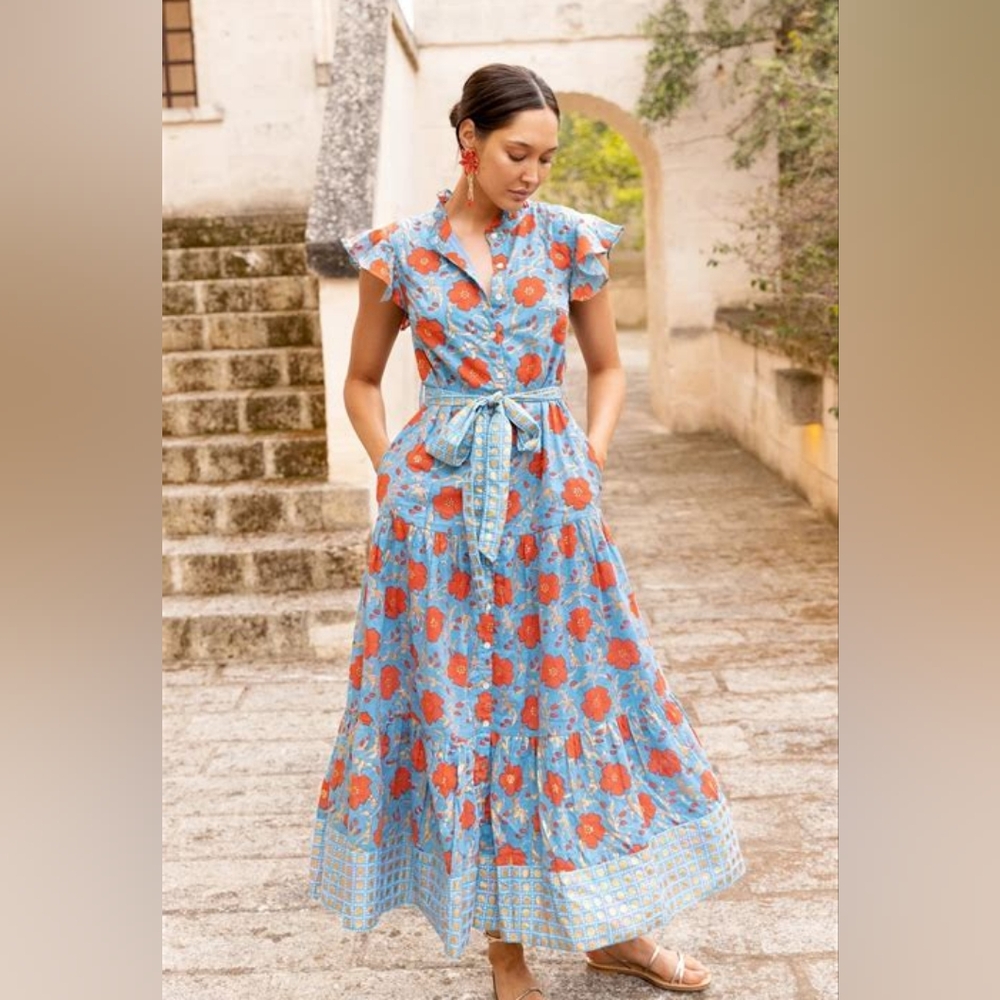 $328 Nwt OLIPHANT RUFFLE COLLAR BUTTON MAXI DRESS - POPPY RED xs